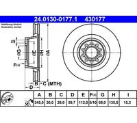 2x Disco de freno ventilado 24.0130-0177.1 ATE para AUDI A8 D2