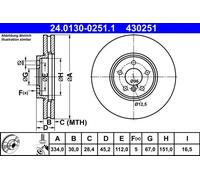 2x Disco de freno ventilado 24.0130-0251.1 ATE para MINI BMW