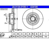 2x Disco de freno ventilado 24.0134-0100.1 ATE para VW AUDI