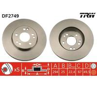 2x TRW DF2749 Disco de freno Delantero 294mm