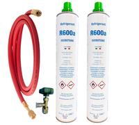 2x Envases R600a Isobutano | 840g Neto Total | Kit Completo Recarga Frigorífico y Congelador | Incluye Válvula y Manguera de Carga | Gas Refrigerante Ecológico
