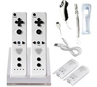 2X Ordinary Remote Controller, 2X Nunchuk Controller & 1x Charging Dock Controller Includes 2 Pcs of 2800mAh Battery Pack For Nintendo Wii & Wii U Remote - Plum Blossom D-Pad & Triangle Buttons