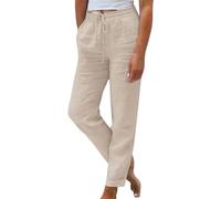 2X Pantalones elásticos y casuales de verano elásticos de cintura alta color sólido algodón y lino pantalones sueltos de pana para mujer, beige, S