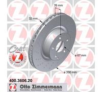 2x ZIMMERMANN Disco de freno Delantero Ø330mm Altura: 76mm Espesor: 32mm Cantidad de Taladros: 6/5 Corona de Agujeros - Ø: 112mm ventilación interna perforado 400.3606.20 Compatible con MERCEDES-BENZ