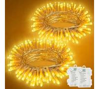 2x5M Mejorada Navidad Guirnaldas Luces Exterior, Guirnalda Luces con Función de Temporizador, 100LEDs 8 Modos, para Jardín, Patio, Navidad, Fiesta, Bodas, 2 Pack 5M, No incluye Pilas, Blanco Cálido