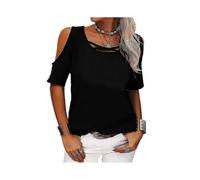 (2XL,Black)Women's summer shirt-style tops, cotton blend, off-the-shoulder short sleeves, waist-cinched and loose design