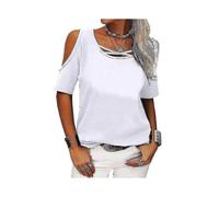 (2XL,White)Women's summer shirt-style tops, cotton blend, off-the-shoulder short sleeves, waist-cinched and loose design