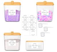 3+1 Recipientes para Cápsulas de Detergente con Tapa de Bambú, 3 Cucharas y 16 Etiquetas, Contenedores Transparentes para Organizar el Lavadero, para Detergente en Polvo, Detergente Líquido