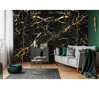 3.12x2.19m Papel Pintado Mural Negro y Dorado Mármol Decoración de Dormitorio
