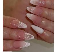 3. 24 uñas de punta francesa de almendra con diseño de corazón blanco brillante con purpurina para bodas, forma de gotas de agua, uñas a presión para fiestas