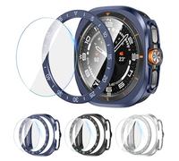 [3+3Pack] Kamita Funda Protectora para Samsung Galaxy Watch Ultra 47mm, 3 Protector de Pantalla de Cristal Templado+3 PC Bumper Case+3 Anillo de Bisel Cover para Galaxy Watch Ultra (Negro+Azul+Plata)