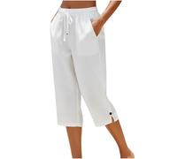 3/4 Pantalones de Lino para Mujer Verano Frescos Talla Grande Pantalón Lino Algodón Shorts Respirable Moderno Pantalon Cortos Capris Bolsillos Urbano Yoga Jogger Corre Playa Vacaciones