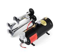 3/4 trompetas 12V 150DB Bocina de aire fuerte Kit de bocinas de tren Max 150 PSI Presión de trabajo for camiones Coches SUV Barco Tractor RV ORV Para bricolaje(3 Trumpets 3L)