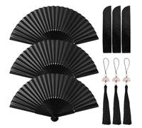 3 abanicos plegables negros lisos, 3 colgantes de borla, abanicos plegables clásicos, abanicos viejos, abanicos plegables a mano, abanicos de bolsillo plegables, adecuados para decorar accesorios de