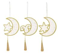 3 adornos colgantes de Ramadán, decoraciones Eid de madera con borlas, estrella de luna creciente dorada, decoración de árbol de pared de ventana, 35 cm, decoración colgante festiva de Oriente Medio
