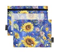 3 anillos con cremallera con ventana transparente, pintura al óleo con girasoles retro amarillos, gran capacidad, 3 anillos, estuche para guardar suministros escolares de oficina, multicolor, 2