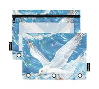 3 anillos con ventana transparente, gaviota blanca volando sobre el mar con cremallera en colores surtidos, 3 anillos para suministros de oficina, escuela, cosméticos, multicolor, 2 unidades
