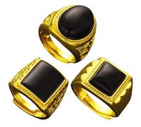 3 Anillos Sello Cuadrado con Cristal Negro Ancho, Anillo Buen Peso Sólido para Promesa Amistad Hombres Mujers Acero Inoxidable Clásico Oro