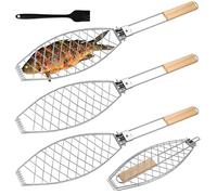 3 asadores de pescado de acero inoxidable con mango de madera, 62 x 12 cm, para asar, barbacoa, plegable, pinza portátil, color plateado