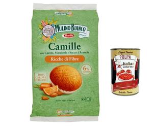 3 bocadillos Mulino Bianco Camille ricos en fibra, zanahorias italianas, almendras, zumo de naranja, 8 pasteles, 304 g + polpa italiano gourmet 400 g