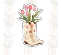 3 botas de vaquera con adhesivo de tulipanes - Calcomanía estética floral occidental para diarios, botellas de agua, portátiles, regalo de campo de primavera, vaquera de rodeo