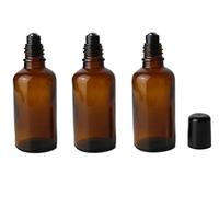 3 botellas de vidrio ámbar rellenables vacías de 50 ml con rodillo de aceite esencial y bola de acero inoxidable y tapa negra Attar botella para aceites esenciales, aromaterapia