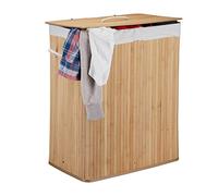 3 Cestos Ropa Sucia con Tapa y 2 Compartimentos, Cubo Colada Plegable, Canasta, Bambú, 95 L, Color Natural