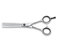3 Claveles Azabache - Tijera de peluquería de esculpir ES28 dientes de 5.5", acero inoxidable, con apoya dedos, dedales simétricos Cranberry
