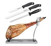 3 Claveles - Kit Soporte Jamonero Plegable en Acero Inoxidable con Cuchillos y Chaira