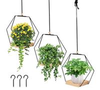 3 colgantes colgantes para interior, maceta colgante con base de madera, anillo de metal, gancho de techo, maceta colgante bohemia para plantas, maceta colgante negra, flores colgantes, macetas