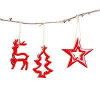 3 colgantes de Navidad de madera natural rojo para árbol de Navidad, estrella, ciervo, decoración para árbol de Navidad, decoración