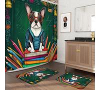 3 cortinas de ducha con diseño de perro Boston Terrier de 72 x 72 pulgadas con ganchos, juego de accesorios de baño con dos alfombras de baño antideslizantes y lavables (16 x 24 y 20 x 32), tapete de