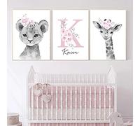 3 Cuadro Nombre Bebe Póster Personalizado Laminas Infantiles para Habitacion Niña Flor Rosa Lienzo Animales Jirafa Leon Decoracion pared Dormitorio Regalo 30x40 sin Marco