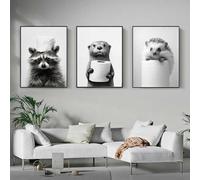 3 Cuadros Animales Baño Mapache Nutria Erizo Poster Animales Divertidos Laminas Decorativas Pared Blanco y Negro Impressions sobre Lienzo Modernos Cuadros 30x40 sin Marco