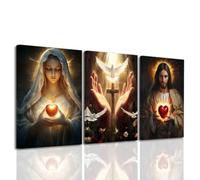 3 cuadros católicos de Jesús y María con corazón sagrado sin marco, cuadros católicos, cruz paloma de la paz, lienzo, cuadros de Jesús, impresión cristiana para decoración del hogar, 20 x 30 pulgadas