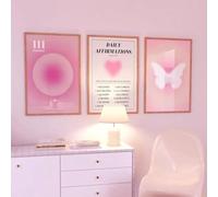 3 Cuadros Decoracion Salon Modernos Para Pared Sobre Lienzo Póster Rosa Degradado AMOR Corazón Mariposa Aura Afirmación Confianza Espiritual Ángel Números Arte Lienzo Pintura Póster Chica Habitación C