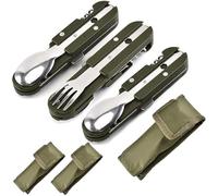 3 cubiertos de camping plegables y bolsas de tela, cubiertos de acero inoxidable, cubiertos de camping, cuchillo, cuchillo, cuchara, juego de cubertería para camping, juego de cubiertos para