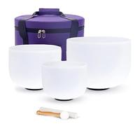 3 cuencos tibetanos de cristal de cuarzo esmerilado de chakra de 8 "B + 10" E + 12 "C for yoga, meditación y curación con sonido, con estuche de transporte gratuito, 2 tipos de mazos y 3 juntas tórica
