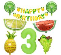 3. Decoración de cumpleaños para frutas, verano, cumpleaños, decoración de 3 años, para niños, niños, niñas, color verde neón, globos con números, 3 globos de helio, globos de fruta, globos