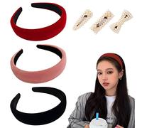 3 diademas de terciopelo con 3 clips de perlas, diademas anchas de terciopelo para mujer, diademas antideslizantes, diademas suaves, accesorios retro elegantes para el cabello para mujeres y niñas