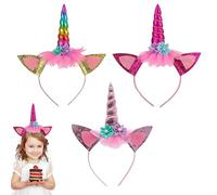 3 diademas de unicornio, orejas con purpurina, detalles florales, cuernos de arco iris, talla única, ideal para fiestas de cumpleaños, disfraces