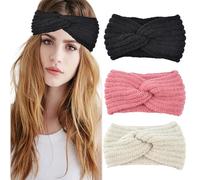 3 diademas para mujer de invierno, diadema para niñas, cinta elástica de forro polar de ganchillo, cinta para el pelo para deportes al aire libre (negro, rosa, beige)