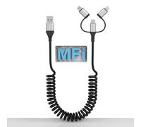 3 en 1 Cable USB A a USB C y Lightning para coche - Cable USB C en espiral/Micro USB/Cable Lightning para A-pple Carplay y Android Auto, Cable de carga rápida MFi para iPhone 15/15 Pro/14/13/iPad