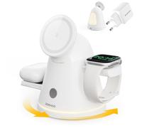 3 en 1 estación de carga para dispositivos Apple,Qi2 Mag-Safe Cargador Stand & Light,Estación de carga inalámbrica rápida para iPhone 17/16/15/14/13& AirPods & iWatch& Samsung Watch (Blanco & EU Plug)