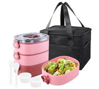 3 en 1 Fiambreras Comida Trabajo, 2800ml Bento Box con Bolsa Térmica Cubiertos, Lunch Box Niños Adultos, Tupper Compartimentos Sin BPA, Tapers Comida Hermetico, Lonchera Microondas Escuela (Rosa)