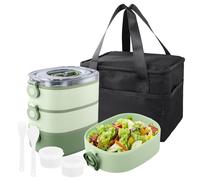 3 en 1 Fiambreras Comida Trabajo, 2800ml Bento Box con Bolsa Térmica Cubiertos, Lunch Box Niños Adultos, Tupper Compartimentos Sin BPA, Tapers Comida Hermetico, Lonchera Microondas Escuela (Verde)