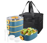 3 en 1 Fiambreras Comida Trabajo, 2800ml Bento Box con Bolsa Térmica Cubiertos, Lunch Box Niños Adultos, Tupper Compartimentos Sin BPA, Tapers Comida Hermetico, Lonchera Microondas Escuela (Azul)