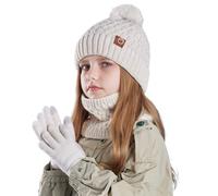 3-en-1 Gorro de Punto Invierno Térmico con Guantes y Bufanda con Forro Polar Suave para Niños, Sombrero de Punto Invierno Cálido con Pompon, Conjuntos de Accesorios de Invierno para Niños 4-11 Años