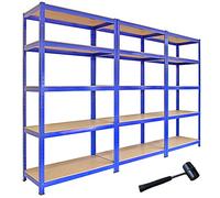 3 Estanterías Azules Metalicas T-Rax Sin Tornillos 90x45x180cm con 5 Estantes Baldas Repisas Capacidad Peso 280kg por Estante Almacenamiento Almacenaje Herramientas Taller Garaje + Mazo de Goma GRATIS