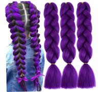3 extensiones de cabello morado para trenzas de 24 pulgadas, pelo trenzado real suave, peluca de color jumbo para mujer, trenzado morado, extensiones, para trenzas